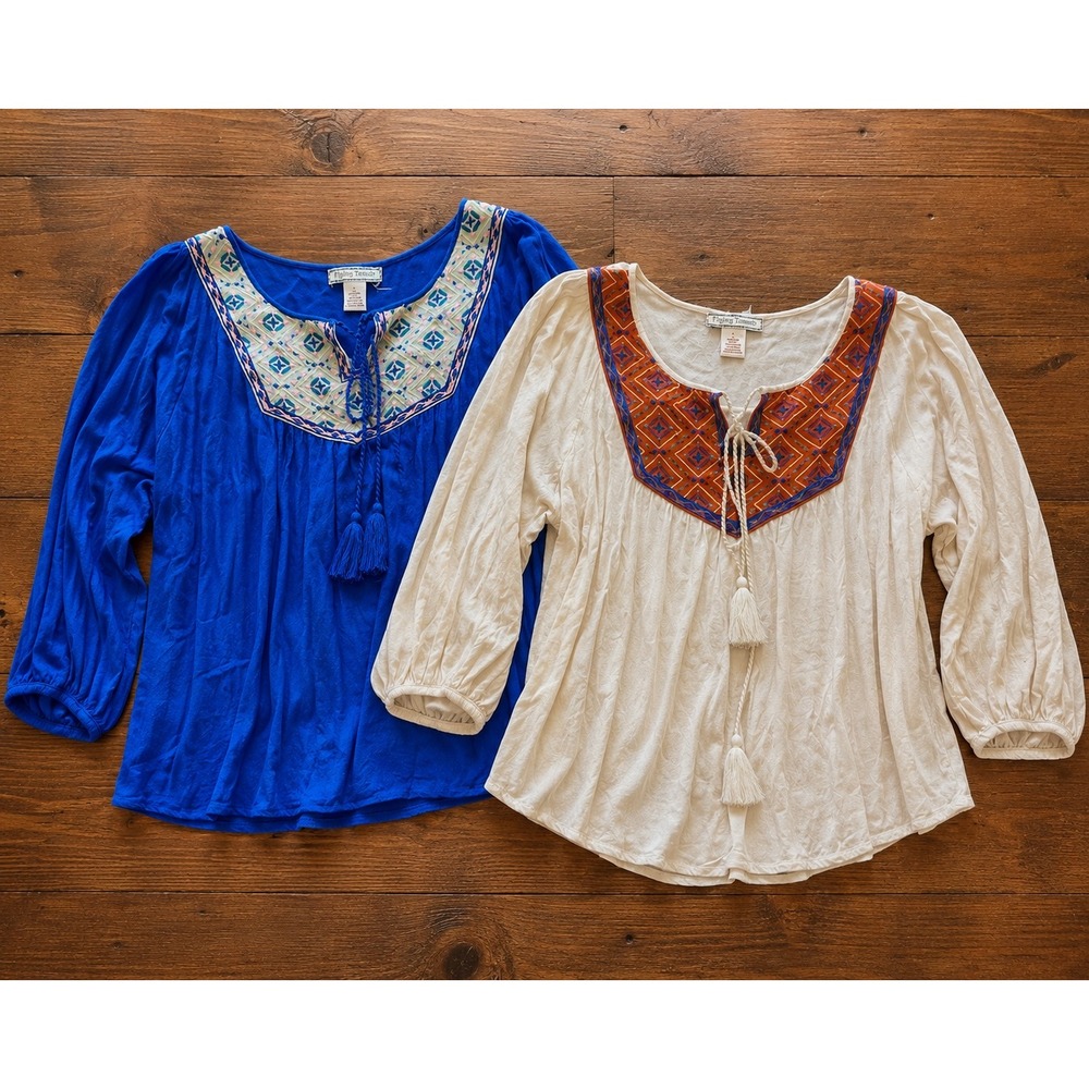 Flying Tomato Boho Peasant Top Bundle Large Blue & Cream Embroidered Tassel Tops